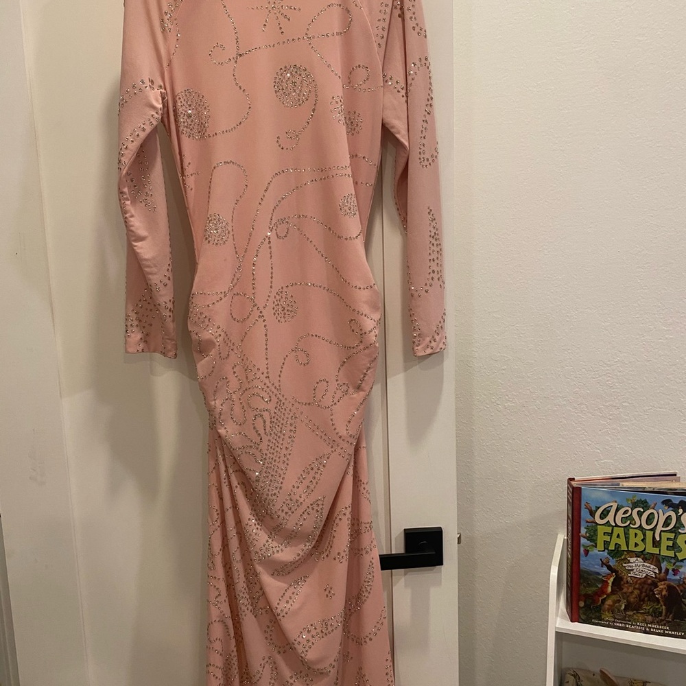 1970’s Pink Long Sleeve Glitter Maxi Evening Prom Dress - Picture 5 of 13